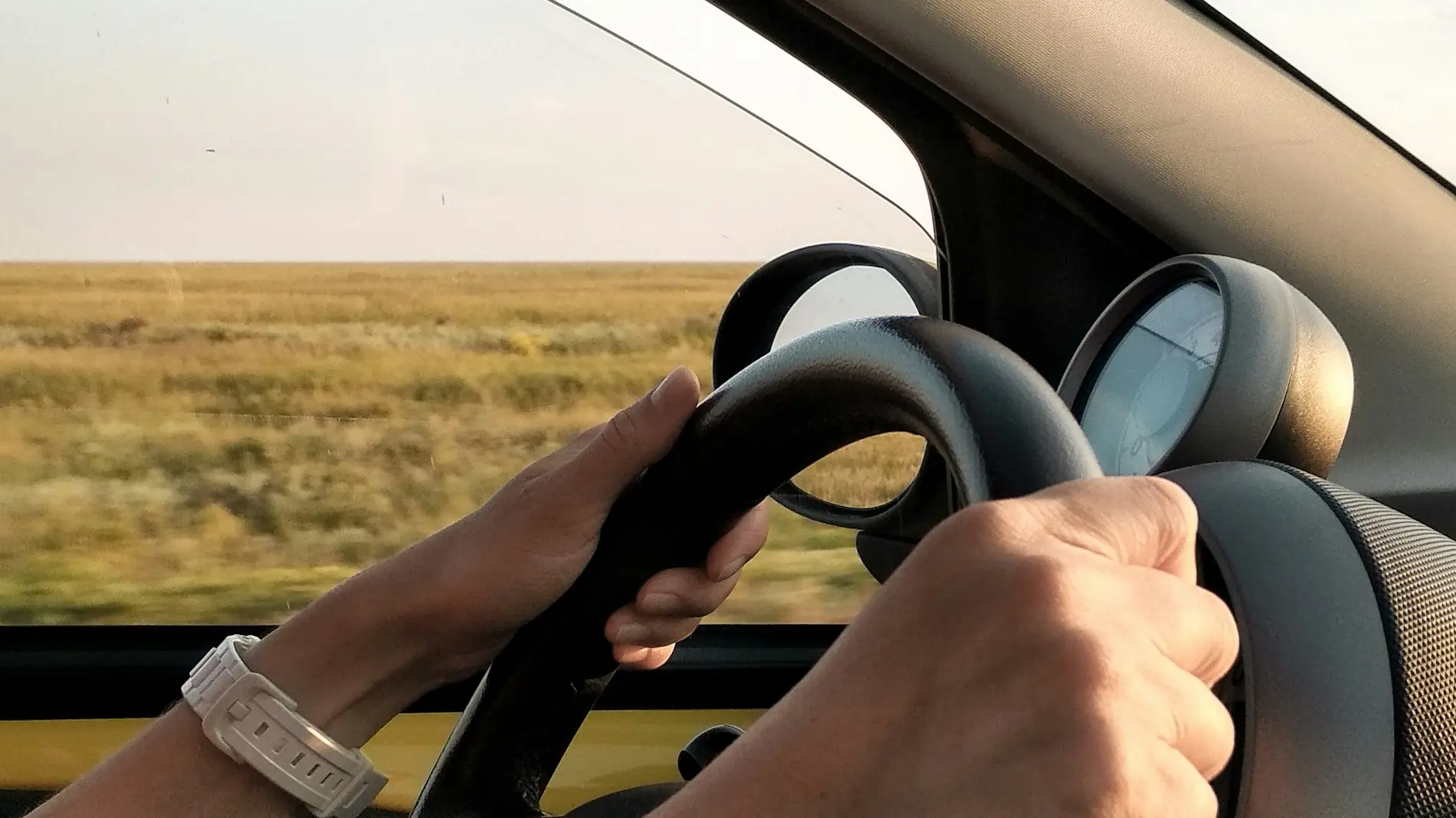 Hands resting on a steering wheel in daylight