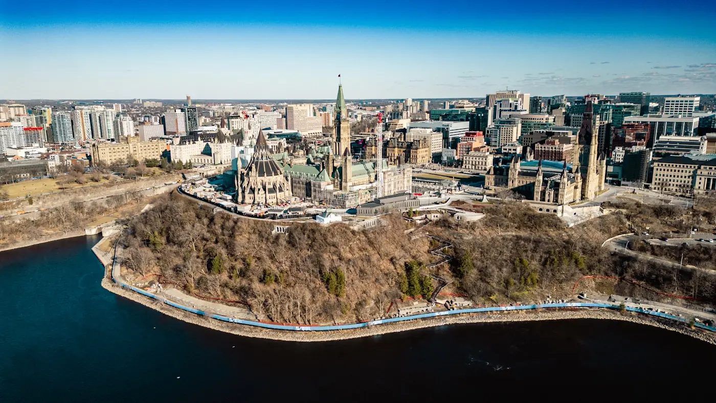 Downtown Ottawa and the Ottawa River seen from the air, with Parliament Hill at the centre